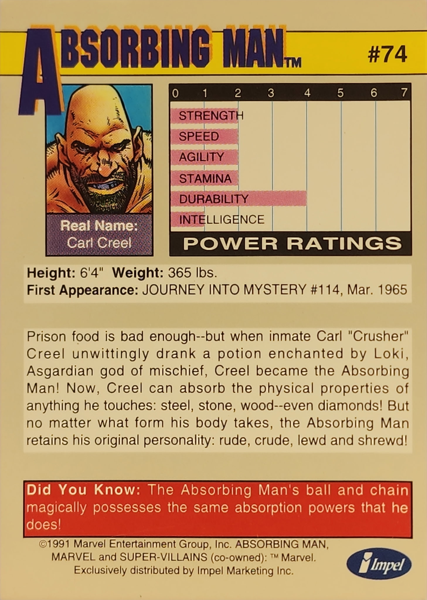 1991 Marvel Universe Series I #74 Absorbing Man - Image 2