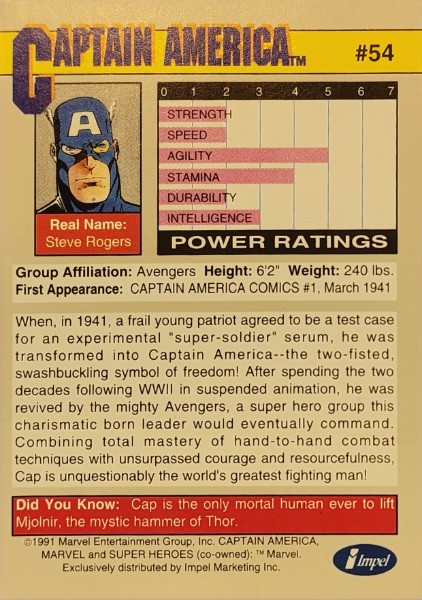 1991 Marvel Universe Series I #54 Captain America - Image 2