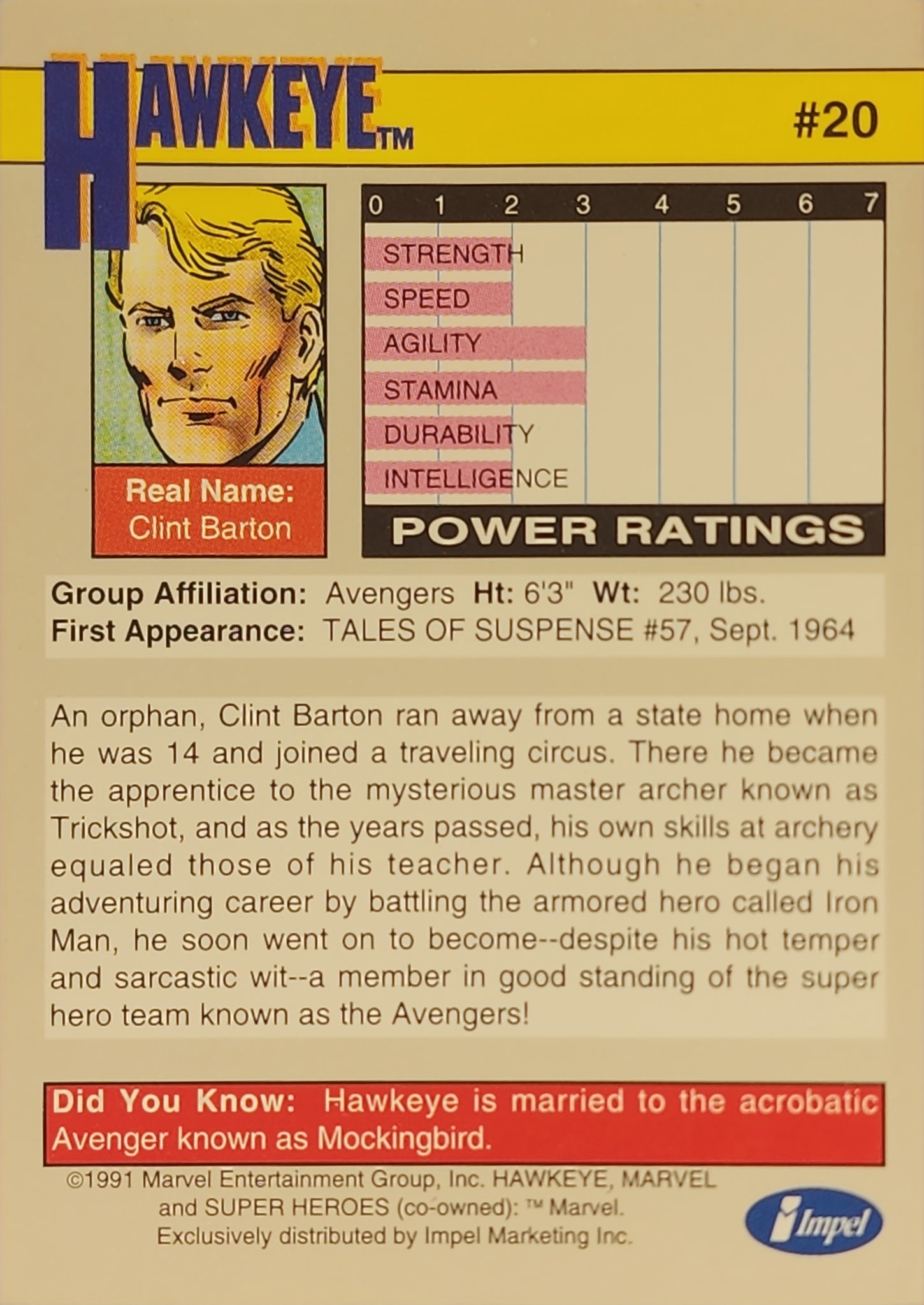 1991 Marvel Universe Series I #20 Hawkeye - Image 2