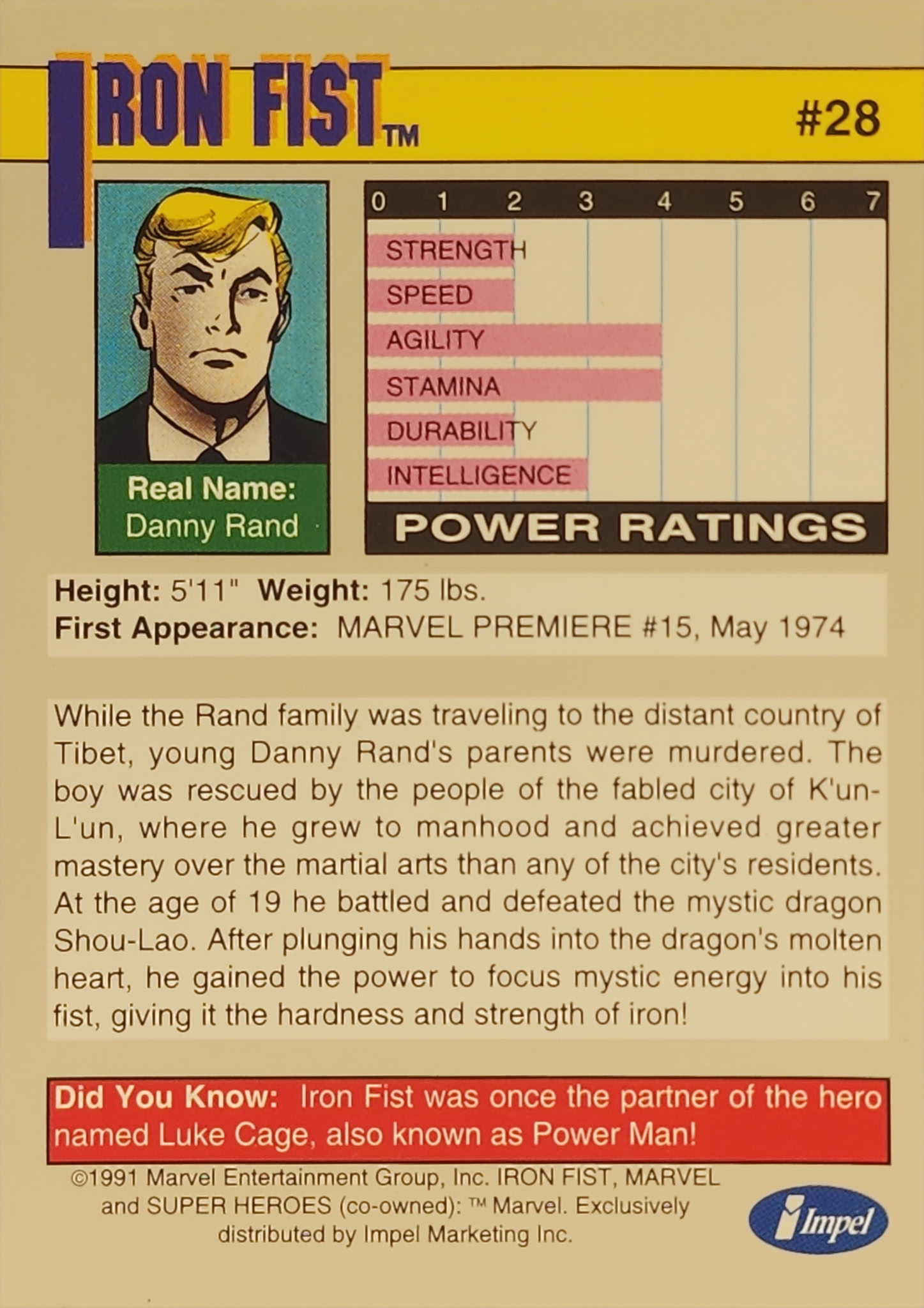 1991 Marvel Universe Series I #28 Iron Fist - Image 2