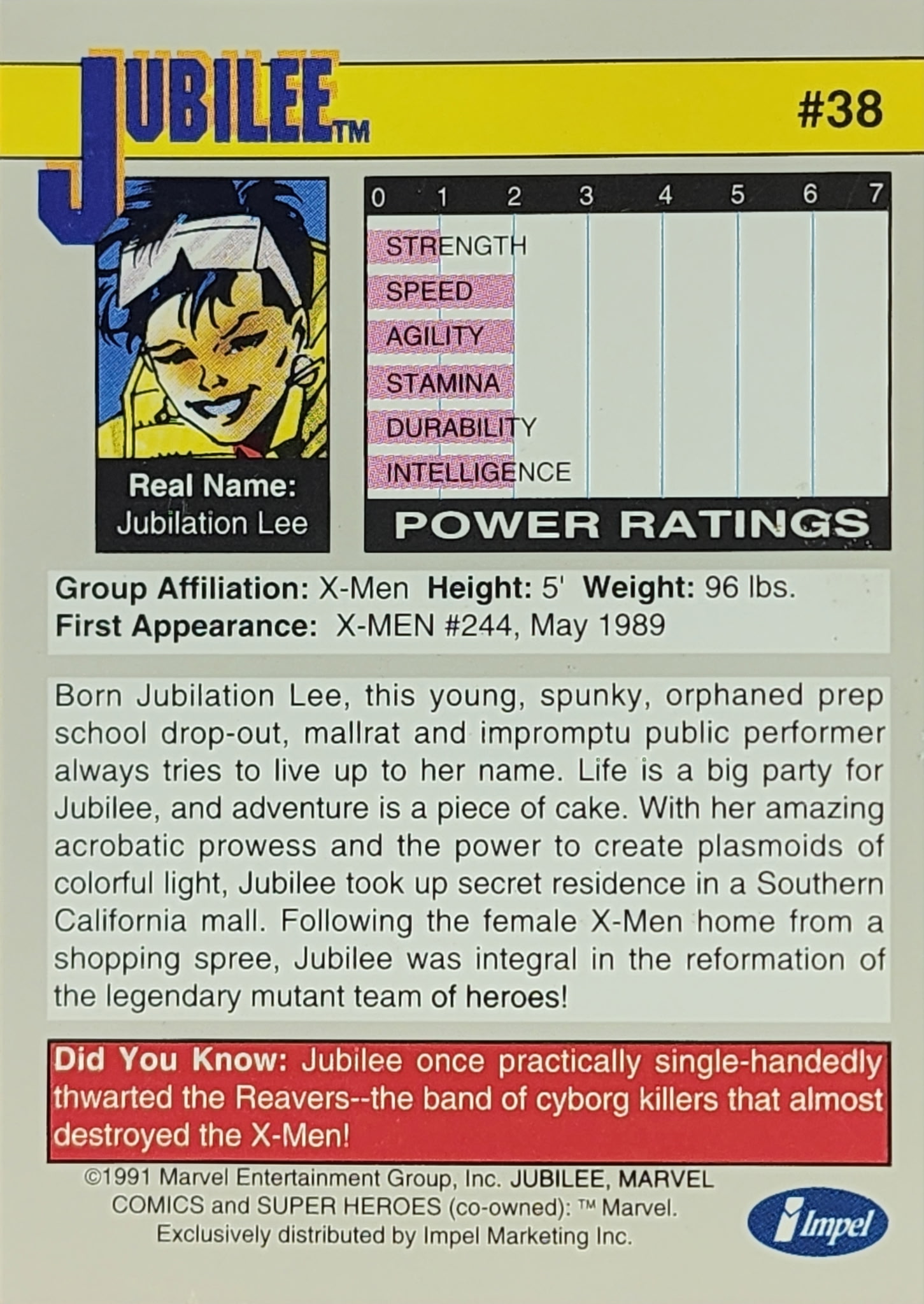 1991 Marvel Universe Series I #38 Jubilee - Image 2