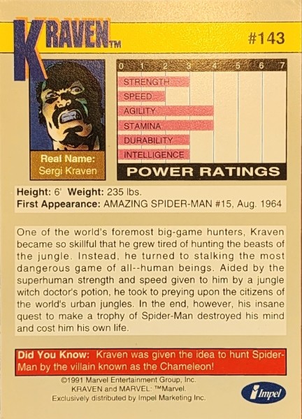 1991 Marvel Universe Series II #143 Kraven the Hunter - Image 2