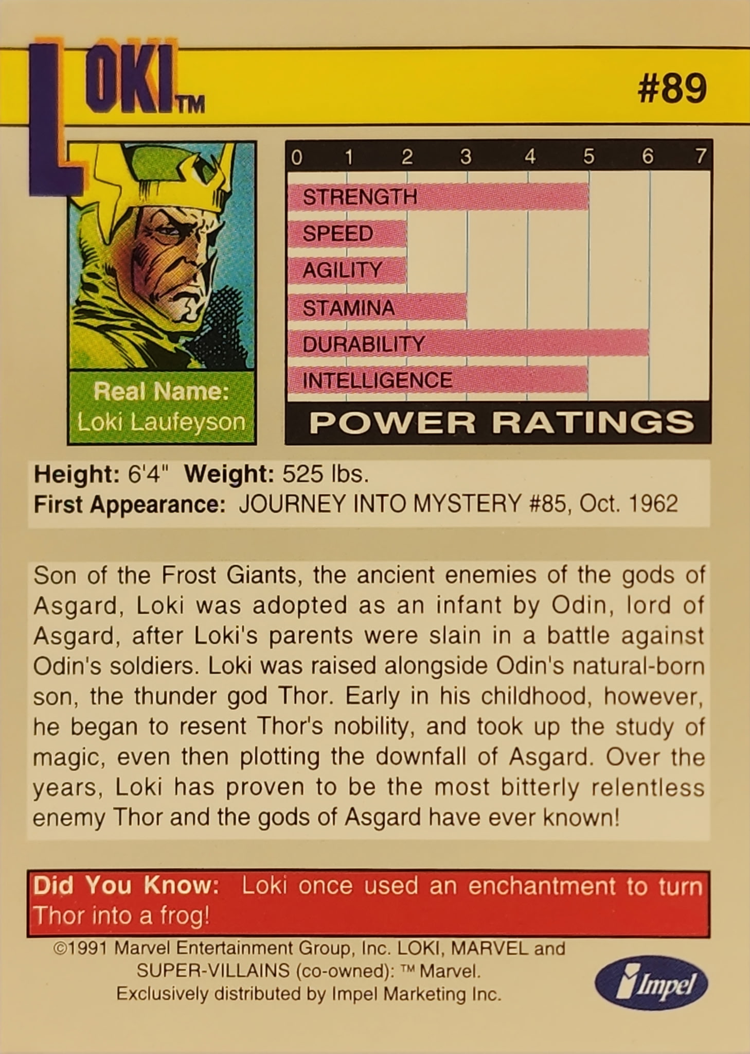 1991 Marvel Universe Series I #89 Loki - Image 2