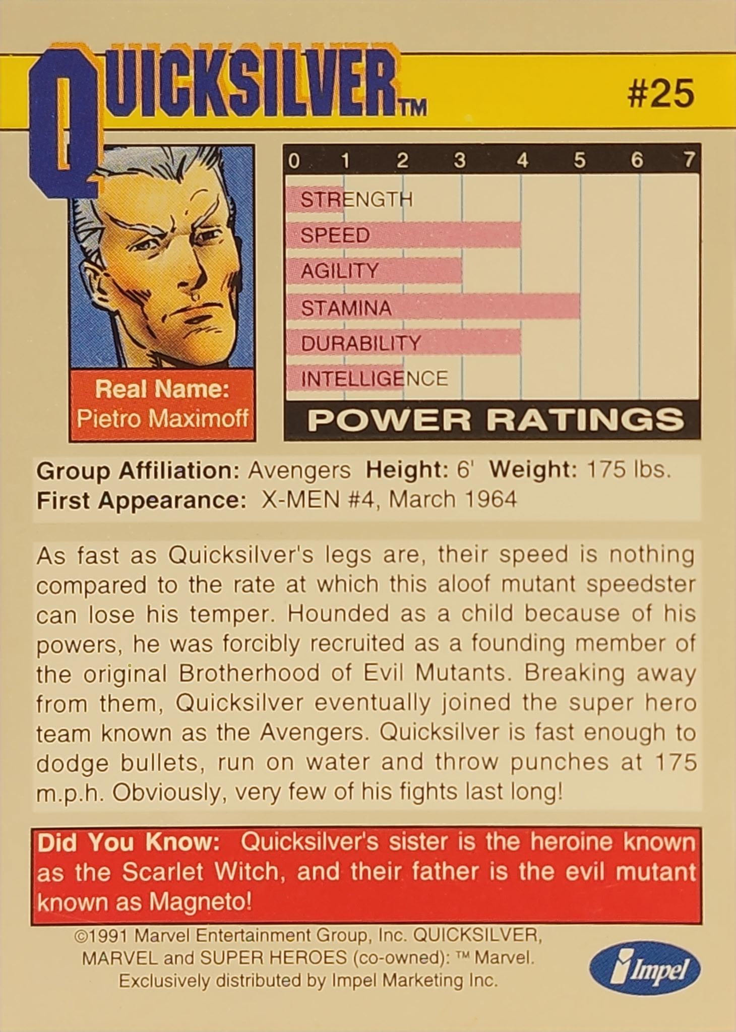 1991 Marvel Universe Series I #25 Quicksilver - Image 2