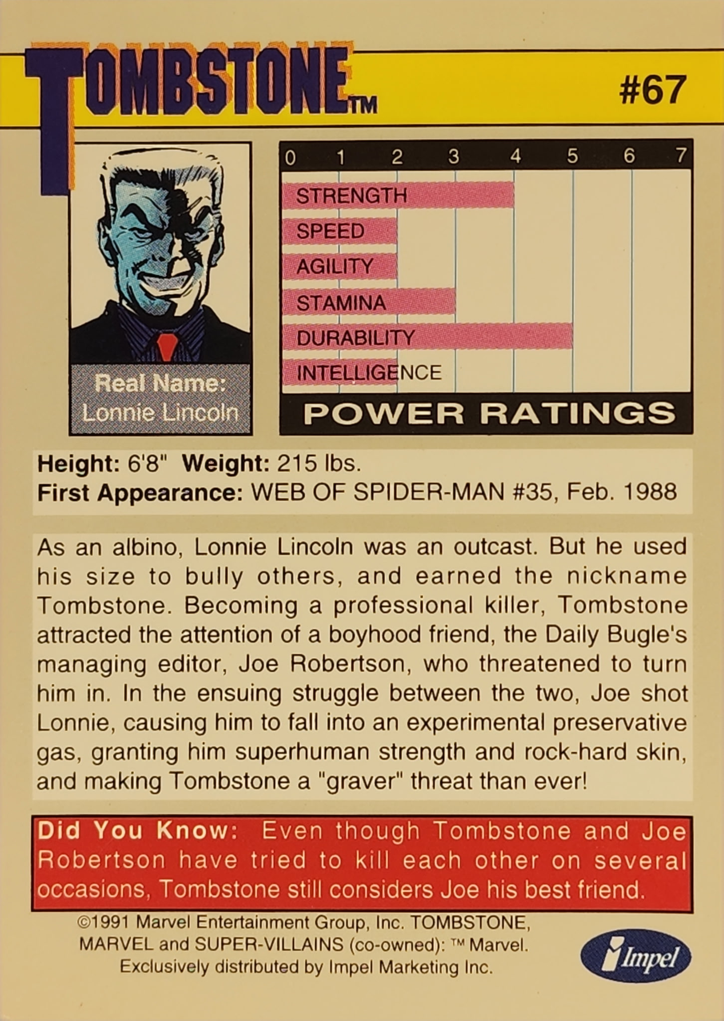 1991 Marvel Universe Series I #67 Tombstone - Image 2