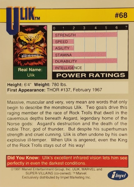 1991 Marvel Universe Series I #68 Ulik - Image 2