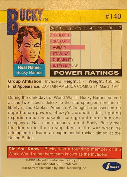 1991 Marvel Universe Series II #140 Bucky Barnes - Image 2